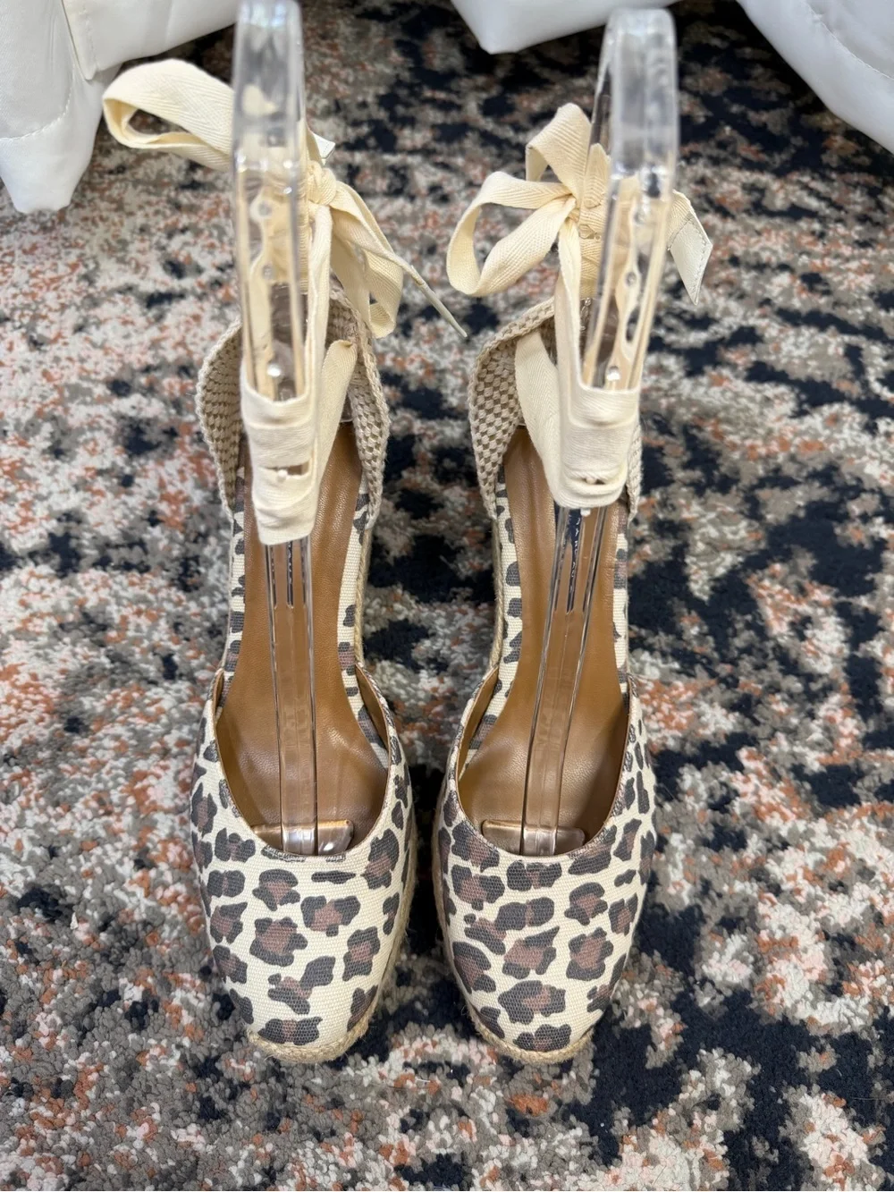 New Margaux Leopard Print Espadrille Wedges with Cream Ribbons.